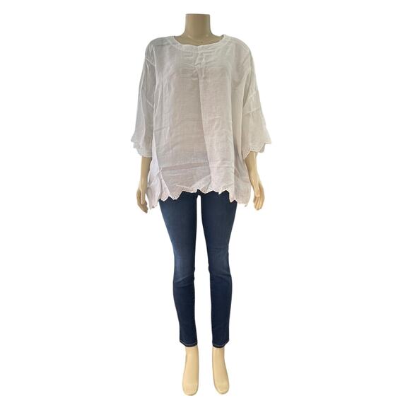 Eskandar Womens Linen Eyelet Trim Top One Size White Minimalist Lagenlook Boho - Picture 2 of 16